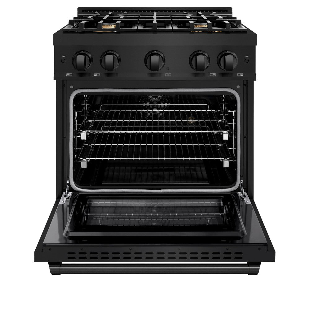 ZLINE 30 in. 4.2 cu. ft. Select Dual Fuel Range with Gas Cooktop and Electric Convection Oven in Black Stainless Steel with 4 Brass Burners (HDRB-BR-30) front, open.