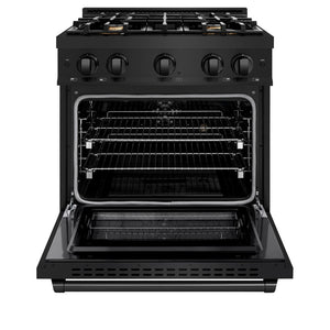 ZLINE 30 in. 4.2 cu. ft. Select Dual Fuel Range with Gas Cooktop and Electric Convection Oven in Black Stainless Steel with 4 Brass Burners (HDRB-BR-30) front, oven open.