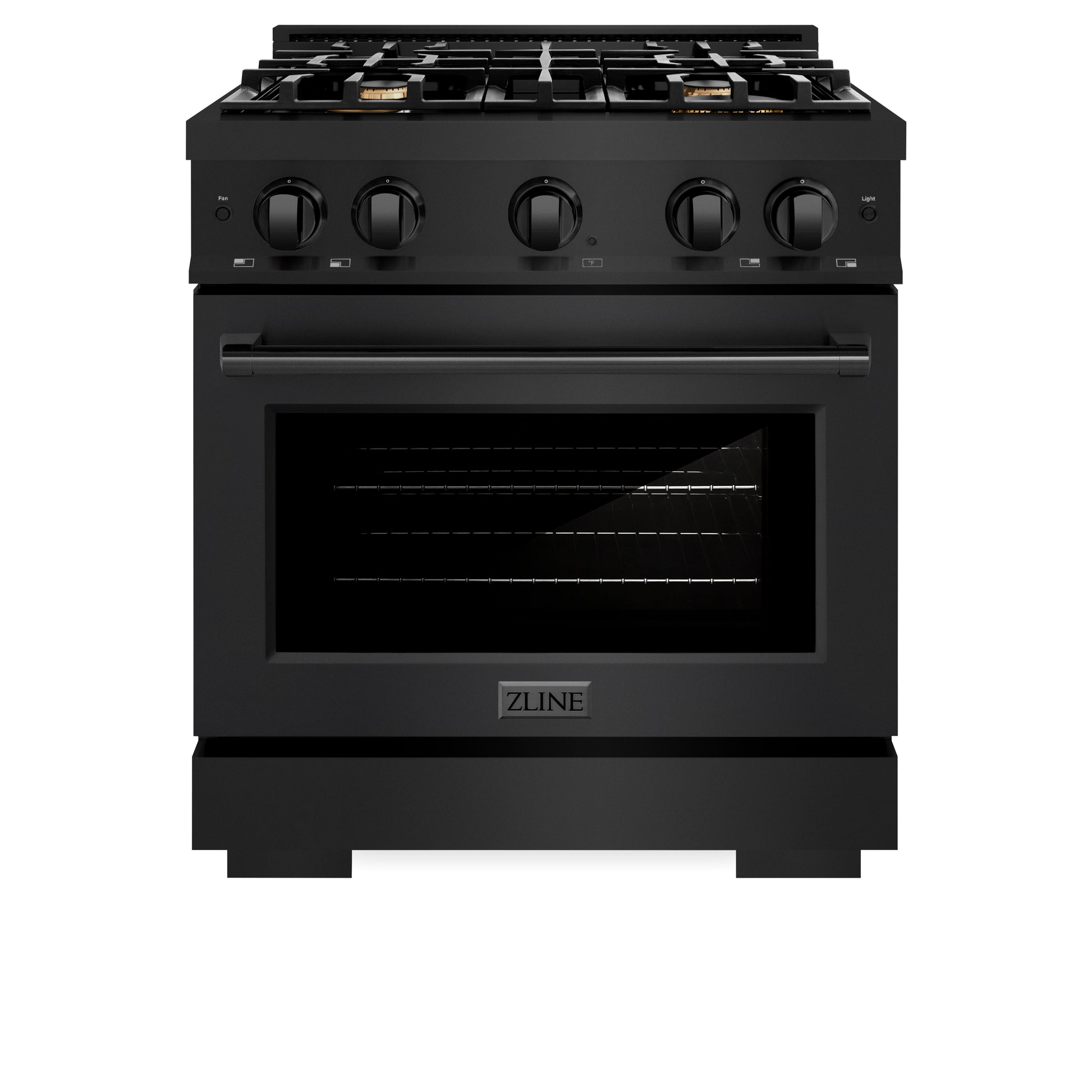 ZLINE 30 in. 4.2 cu. ft. Select Dual Fuel Range with Gas Cooktop and Electric Convection Oven in Black Stainless Steel with 4 Brass Burners (HDRB-BR-30) front, closed.