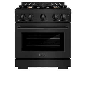 ZLINE 30 in. 4.2 cu. ft. Select Dual Fuel Range with Gas Cooktop and Electric Convection Oven in Black Stainless Steel with 4 Brass Burners (HDRB-BR-30) front, closed.