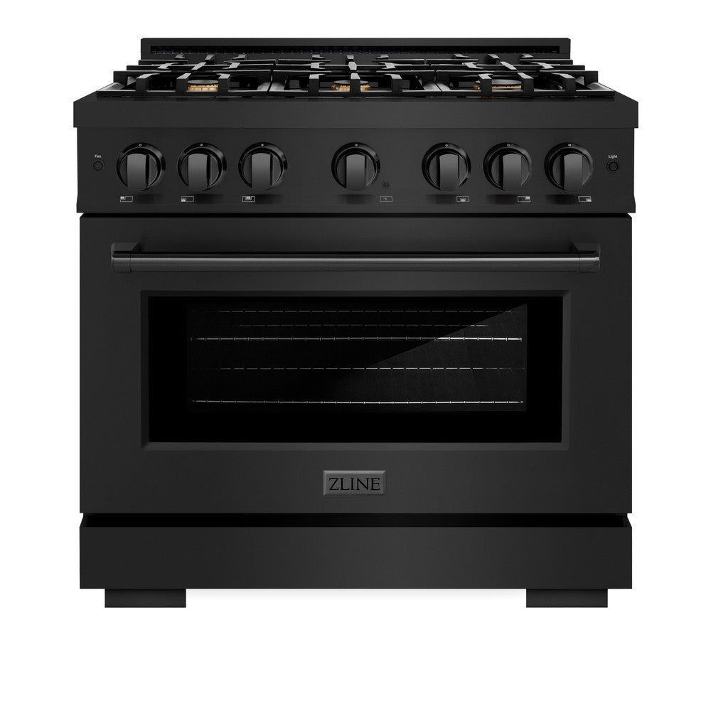 ZLINE 36 in. 5.2 cu. ft. Select Dual Fuel Range with Gas Cooktop and Electric Convection Oven in Black Stainless Steel with 6 Brass Burners (HDRB-BR-36) front, closed.