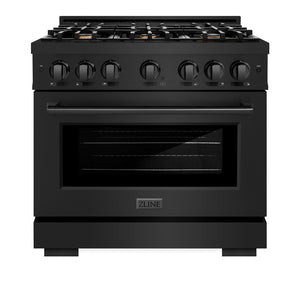 ZLINE 36 in. 5.2 cu. ft. Select Dual Fuel Range with Gas Cooktop and Electric Convection Oven in Black Stainless Steel with 6 Brass Burners (HDRB-BR-36) front, closed.