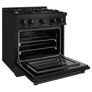 ZLINE 30 in. 4.2 cu. ft. Select Dual Fuel Range with Gas Cooktop and Electric Convection Oven in Black Stainless Steel with 4 Brass Burners (HDRB-BR-30) side, open.