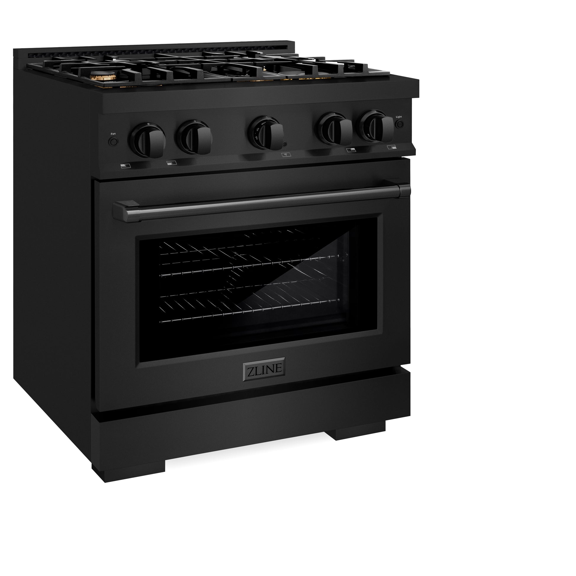 ZLINE 30 in. 4.2 cu. ft. Select Dual Fuel Range with Gas Cooktop and Electric Convection Oven in Black Stainless Steel with 4 Brass Burners (HDRB-BR-30) side, closed.