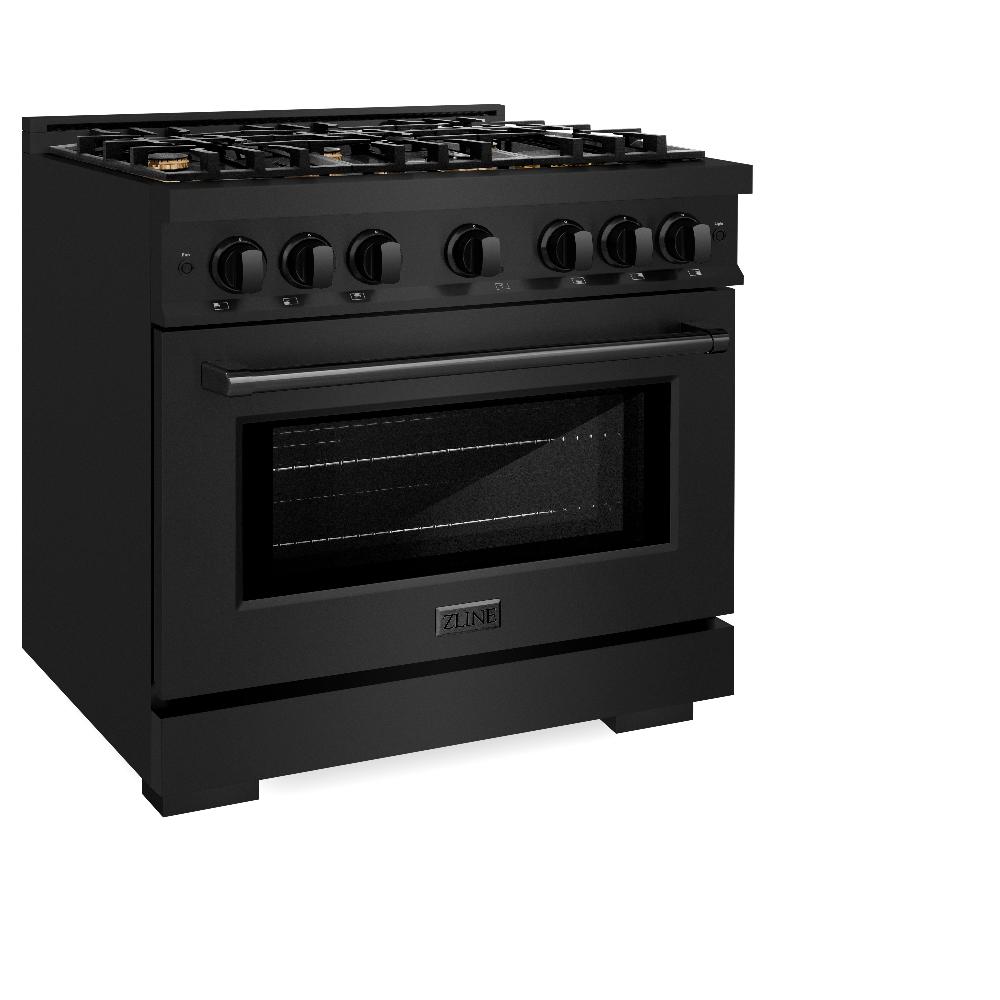 ZLINE 36 in. 5.2 cu. ft. Select Dual Fuel Range with Gas Cooktop and Electric Convection Oven in Black Stainless Steel with 6 Brass Burners (HDRB-BR-36) side, closed.