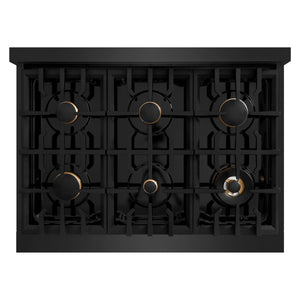 ZLINE 36 in. 5.2 cu. ft. Select Dual Fuel Range with Gas Cooktop and Electric Convection Oven in Black Stainless Steel with 6 Brass Burners (HDRB-BR-36) top-down, above cooktop.