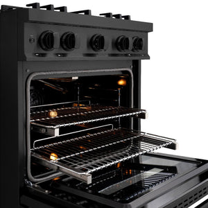 ZLINE 30 in. 4.2 cu. ft. Classic Gas Range with 4 Burner Cooktop and Convection Gas Oven in Black Stainless Steel (CGRB-30) close-up, oven open with racks extended from side.