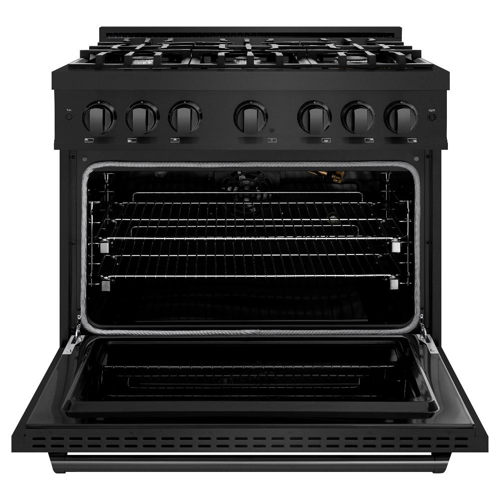 ZLINE 36 in. 5.2 cu. ft. Classic Gas Range with 6 Burner Cooktop and Convection Gas Oven in Black Stainless Steel (CGRB-36) front, oven open.