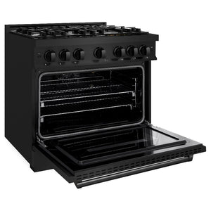 ZLINE 36 in. 5.2 cu. ft. Classic Gas Range with 6 Burner Cooktop and Convection Gas Oven in Black Stainless Steel (CGRB-36) side, oven open.