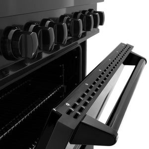 ZLINE 36 in. 5.2 cu. ft. Classic Dual Fuel Range with Gas Cooktop and Electric Convection Oven in Black Stainless Steel with 6 Brass Burners (CDRB-BR-36) oven door detail.