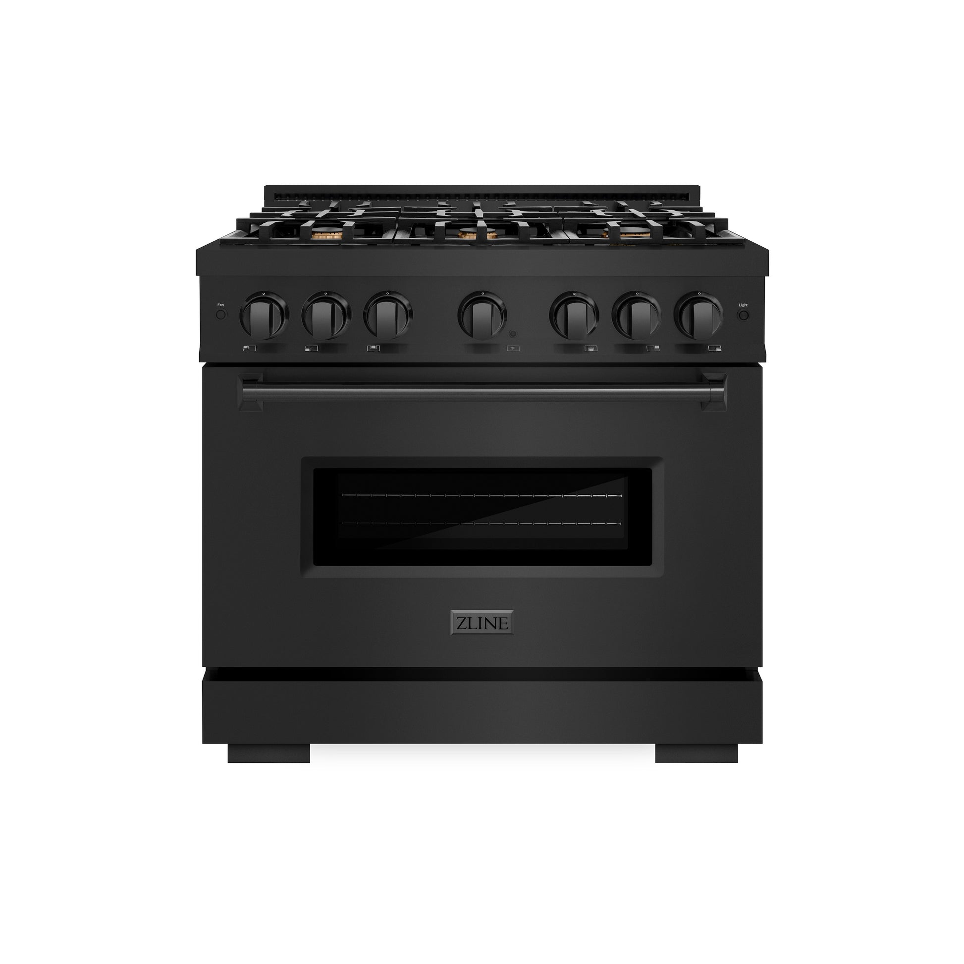 ZLINE 36 in. 5.2 cu. ft. Classic Gas Range with Convection Gas Oven in Black Stainless Steel with 6 Brass Burners (CGRB-BR-36) front.