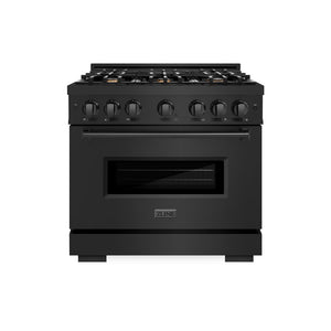 ZLINE 36 in. 5.2 cu. ft. Classic Gas Range with Convection Gas Oven in Black Stainless Steel with 6 Brass Burners (CGRB-BR-36) front, oven closed.