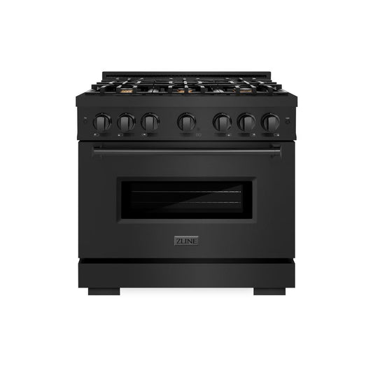 ZLINE 36 in. 5.2 cu. ft. Classic Gas Range with Convection Gas Oven in Black Stainless Steel with 6 Brass Burners (CGRB-BR-36) front, oven closed.