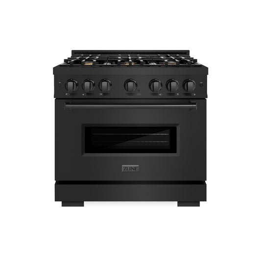 ZLINE 36 in. 5.2 cu. ft. Classic Dual Fuel Range with Gas Cooktop and Electric Convection Oven in Black Stainless Steel with 6 Brass Burners (CDRB-BR-36) front.