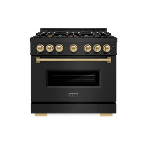ZLINE Autograph Edition 36 in. 5.2 cu. ft. Classic Gas Range with 6 Burner Cooktop and Convection Gas Oven in Black Stainless Steel and Champagne Bronze Accents (CGRBZ-36-CB) front, oven closed.