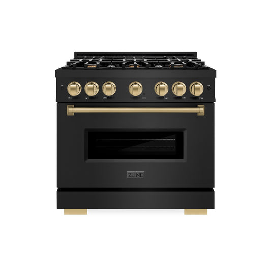 ZLINE Autograph Edition 36 in. 5.2 cu. ft. Classic Gas Range with 6 Burner Cooktop and Convection Gas Oven in Black Stainless Steel and Champagne Bronze Accents (CGRBZ-36-CB) front, oven closed.