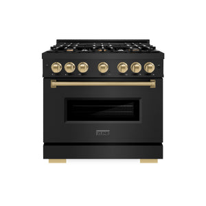 ZLINE Autograph Edition 36 in. 5.2 cu. ft. Classic Gas Range with 6 Burner Cooktop and Convection Gas Oven in Black Stainless Steel and Champagne Bronze Accents (CGRBZ-36-CB) front.