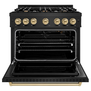 ZLINE Autograph Edition 36 in. 5.2 cu. ft. Classic Gas Range with 6 Burner Cooktop and Convection Gas Oven in Black Stainless Steel and Champagne Bronze Accents (CGRBZ-36-CB) front, oven open.