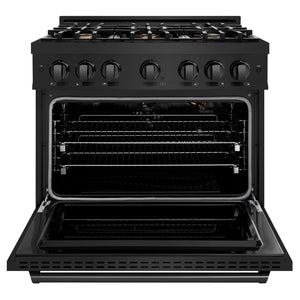 ZLINE 36 in. 5.2 cu. ft. Classic Gas Range with Convection Gas Oven in Black Stainless Steel with 6 Brass Burners (CGRB-BR-36) front, oven open.