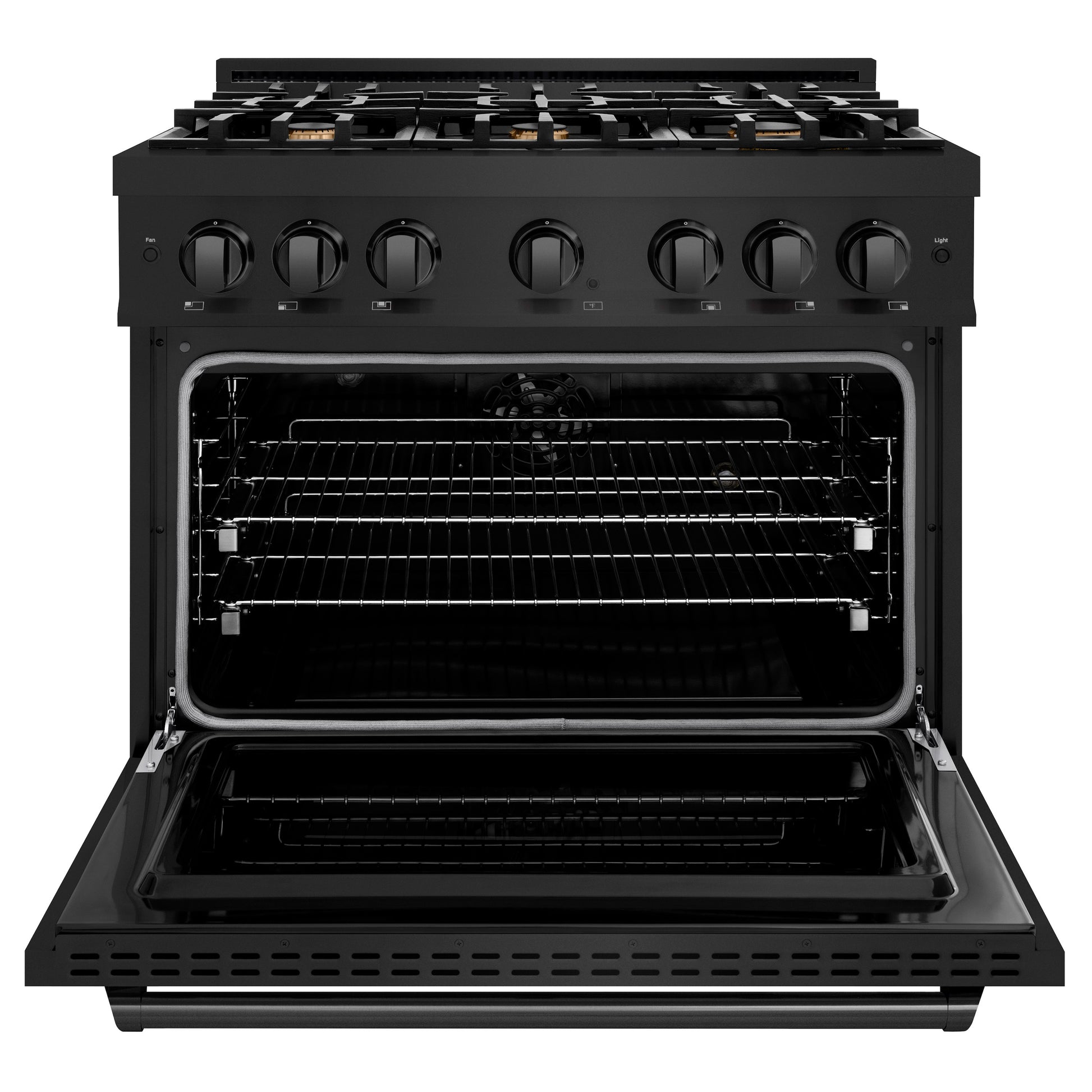 ZLINE 36 in. 5.2 cu. ft. Classic Dual Fuel Range with Gas Cooktop and Electric Convection Oven in Black Stainless Steel with 6 Brass Burners (CDRB-BR-36) front, oven open.