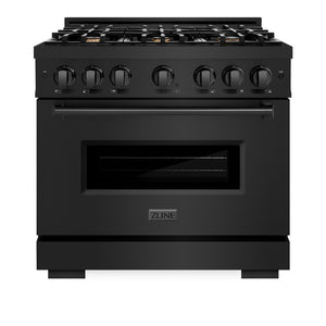 ZLINE 36 in. 5.2 cu. ft. Classic Gas Range with Convection Gas Oven in Black Stainless Steel with 6 Brass Burners (CGRB-BR-36) front, oven closed.