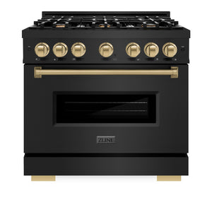 ZLINE Autograph Edition 36 in. 5.2 cu. ft. Classic Gas Range with 6 Burner Cooktop and Convection Gas Oven in Black Stainless Steel and Champagne Bronze Accents (CGRBZ-36-CB) front, oven closed.