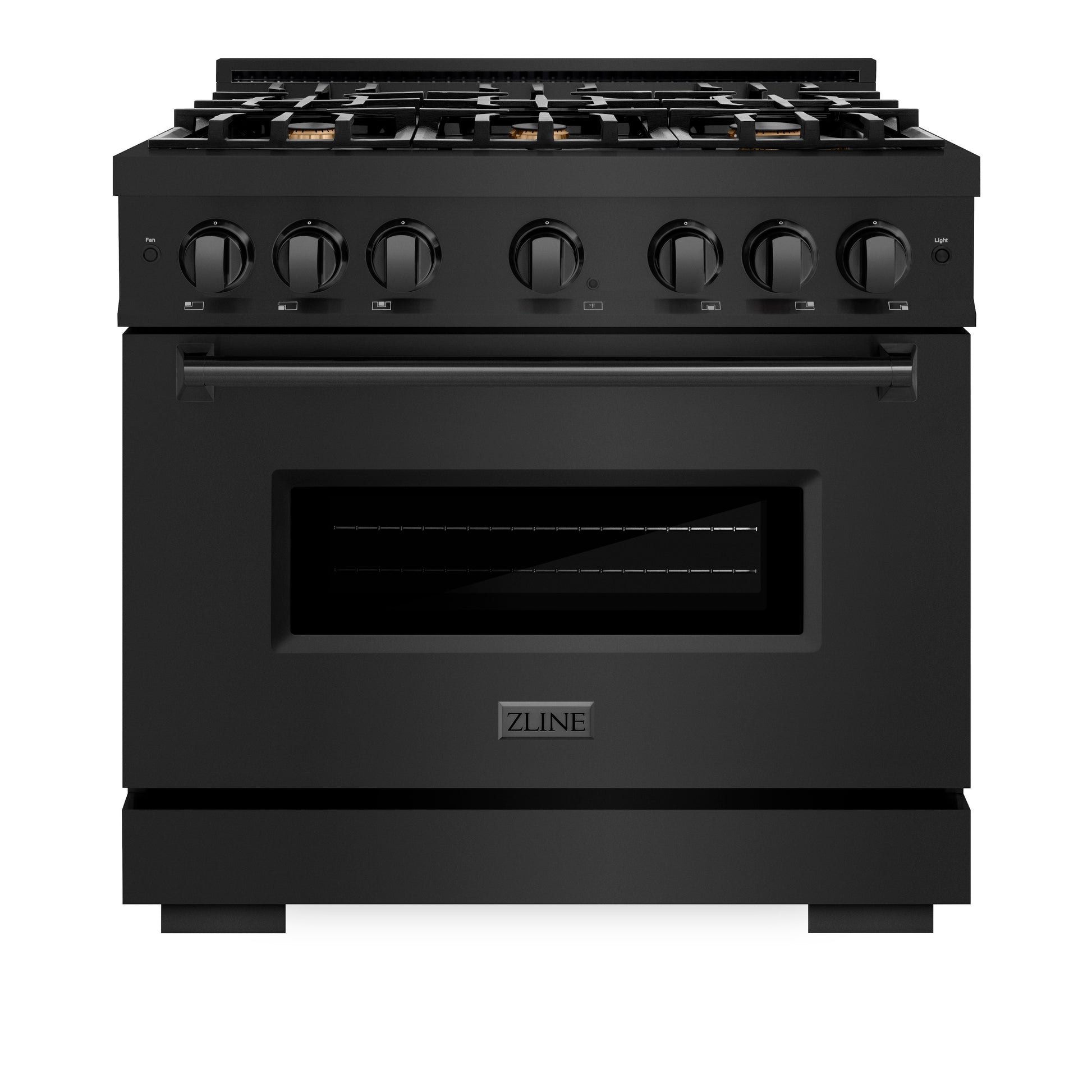 ZLINE 36 in. 5.2 cu. ft. Classic Dual Fuel Range with Gas Cooktop and Electric Convection Oven in Black Stainless Steel with 6 Brass Burners (CDRB-BR-36) front, oven closed.