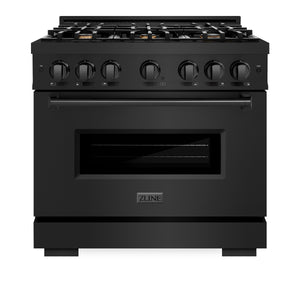 ZLINE 36 in. 5.2 cu. ft. Classic Dual Fuel Range with Gas Cooktop and Electric Convection Oven in Black Stainless Steel with 6 Brass Burners (CDRB-BR-36) front, oven closed.