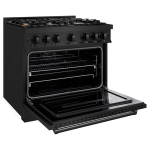 ZLINE 36 in. 5.2 cu. ft. Classic Gas Range with Convection Gas Oven in Black Stainless Steel with 6 Brass Burners (CGRB-BR-36) side, open.