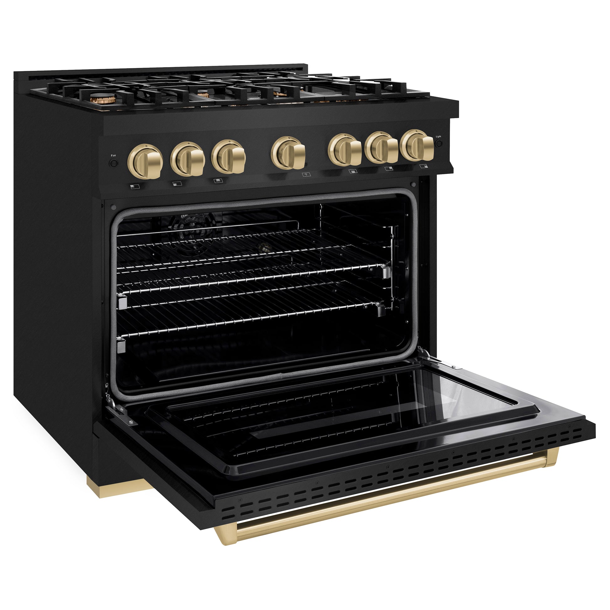 ZLINE Autograph Edition 36 in. 5.2 cu. ft. Classic Gas Range with 6 Burner Cooktop and Convection Gas Oven in Black Stainless Steel and Champagne Bronze Accents (CGRBZ-36-CB) side, open.