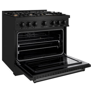 ZLINE 36 in. 5.2 cu. ft. Classic Dual Fuel Range with Gas Cooktop and Electric Convection Oven in Black Stainless Steel with 6 Brass Burners (CDRB-BR-36) side, open.