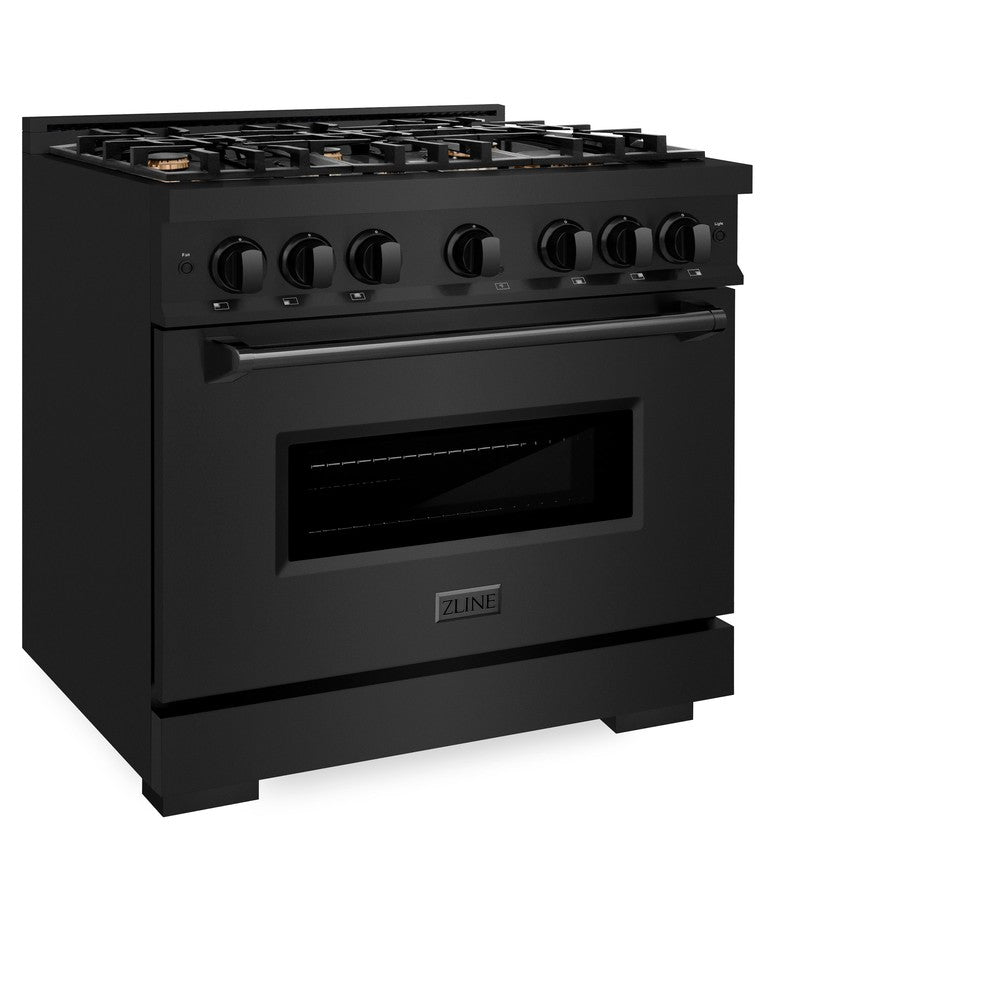 ZLINE 36 in. 5.2 cu. ft. Classic Gas Range with Convection Gas Oven in Black Stainless Steel with 6 Brass Burners (CGRB-BR-36) side, oven closed.