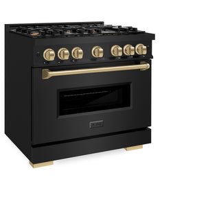 ZLINE Autograph Edition 36 in. 5.2 cu. ft. Classic Gas Range with 6 Burner Cooktop and Convection Gas Oven in Black Stainless Steel and Champagne Bronze Accents (CGRBZ-36-CB) side, closed.