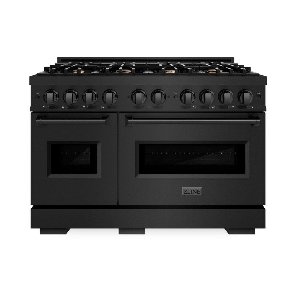 ZLINE 48 in. 6.7 cu. ft. Classic Double Oven Gas Range in Black Stainless Steel with 8 Brass Burners (CGRB-BR-48) front.