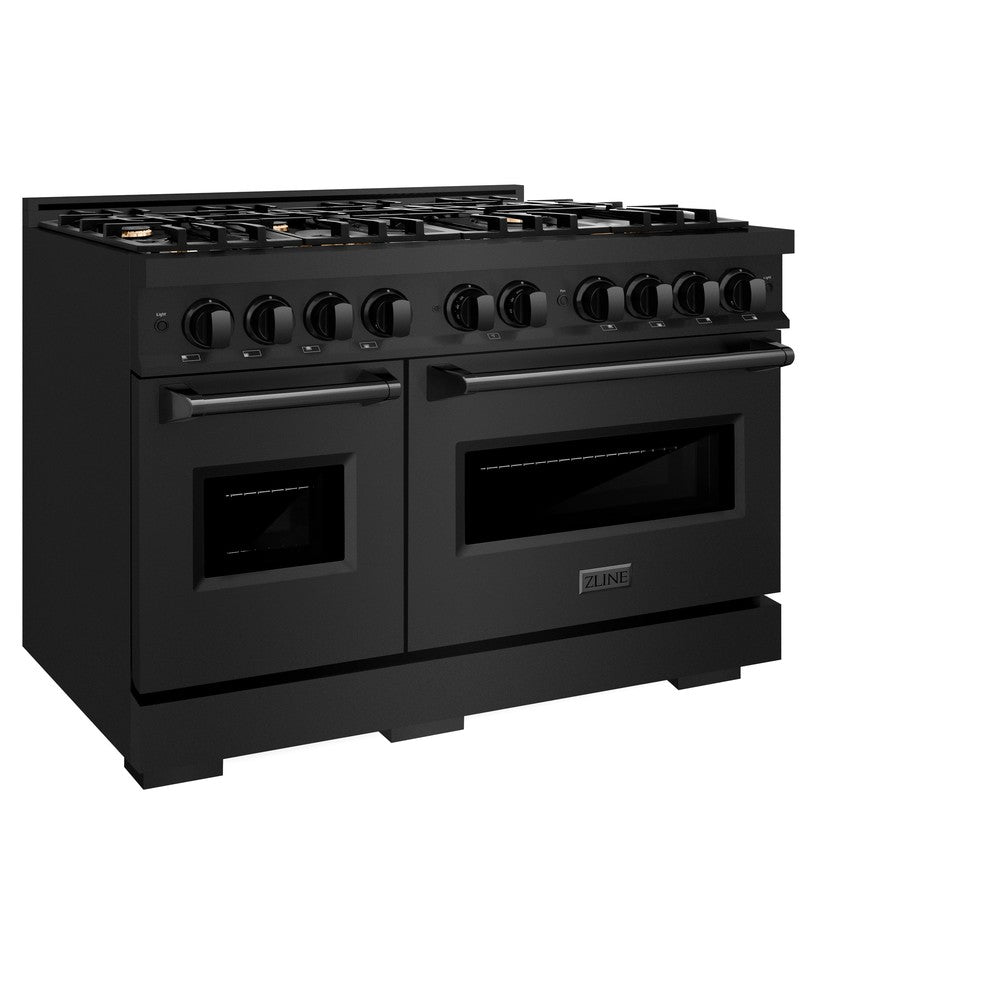 ZLINE 48 in. 6.7 cu. ft. Classic Double Oven Gas Range in Black Stainless Steel with 8 Brass Burners (CGRB-BR-48) side, oven closed.