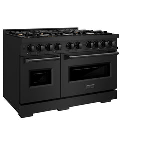 ZLINE 48 in. 6.7 cu. ft. Classic Double Oven Gas Range in Black Stainless Steel with 8 Brass Burners (CGRB-BR-48) side, oven closed.