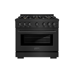 ZLINE 36 in. 5.2 cu. ft. Select Gas Range with Convection Gas Oven in Black Stainless Steel with 6 Brass Burners (HGRB-BR-36) front, oven closed.