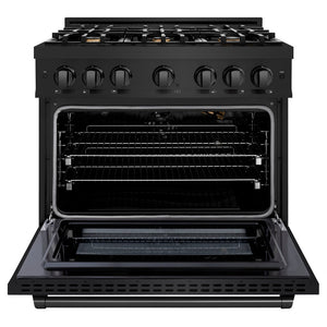 ZLINE 36 in. 5.2 cu. ft. Select Gas Range with Convection Gas Oven in Black Stainless Steel with 6 Brass Burners (HGRB-BR-36) front, oven open.