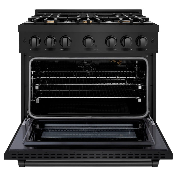 ZLINE 36 in. 5.2 cu. ft. Select Gas Range with Convection Gas Oven in Black Stainless Steel with 6 Brass Burners (HGRB-BR-36) front, open.