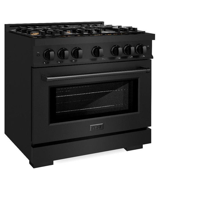 ZLINE 36 in. 5.2 cu. ft. Select Gas Range with Convection Gas Oven in Black Stainless Steel with 6 Brass Burners (HGRB-BR-36) side, closed.