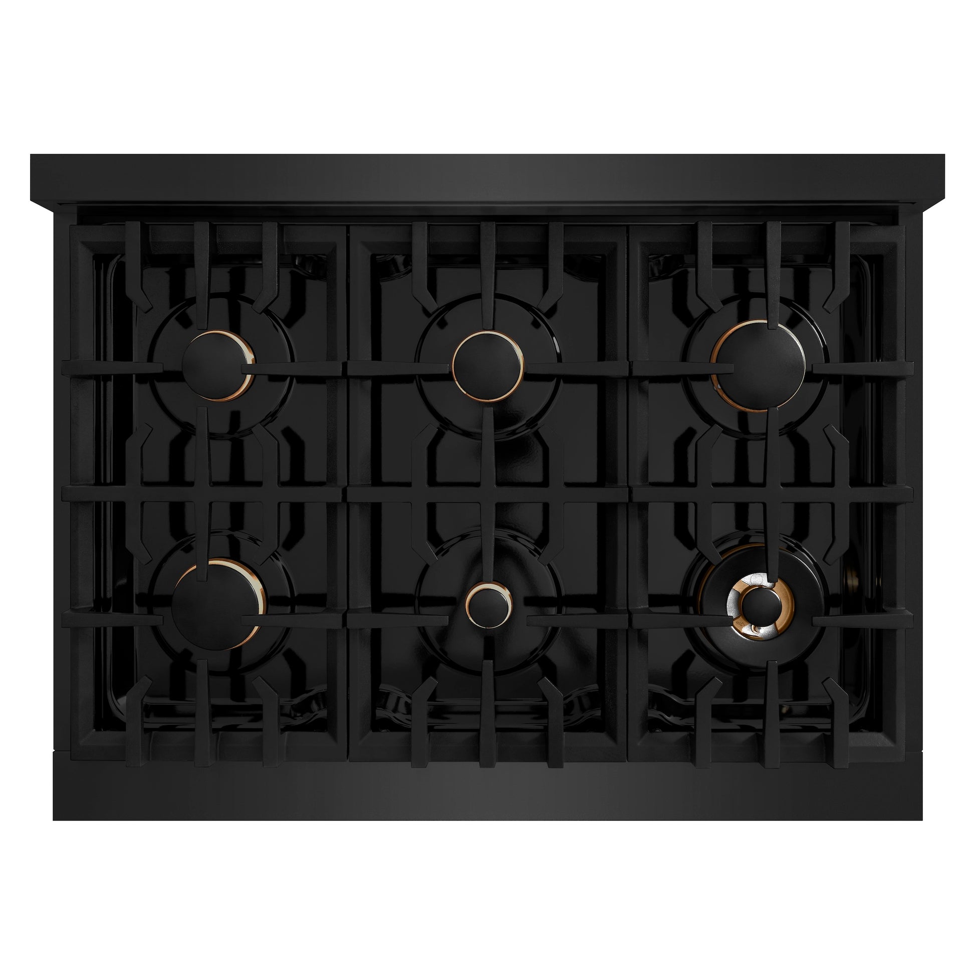 ZLINE 36 in. 5.2 cu. ft. Select Gas Range with Convection Gas Oven in Black Stainless Steel with 6 Brass Burners (HGRB-BR-36) top-down, above cooktop.