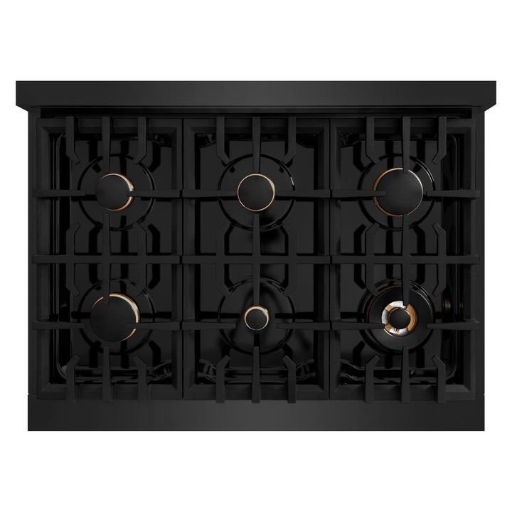 ZLINE 36 in. 5.2 cu. ft. Select Gas Range with Convection Gas Oven in Black Stainless Steel with 6 Brass Burners (HGRB-BR-36) top-down, above cooktop.