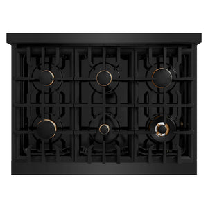 ZLINE 36 in. 5.2 cu. ft. Select Gas Range with Convection Gas Oven in Black Stainless Steel with 6 Brass Burners (HGRB-BR-36) top-down, above cooktop.