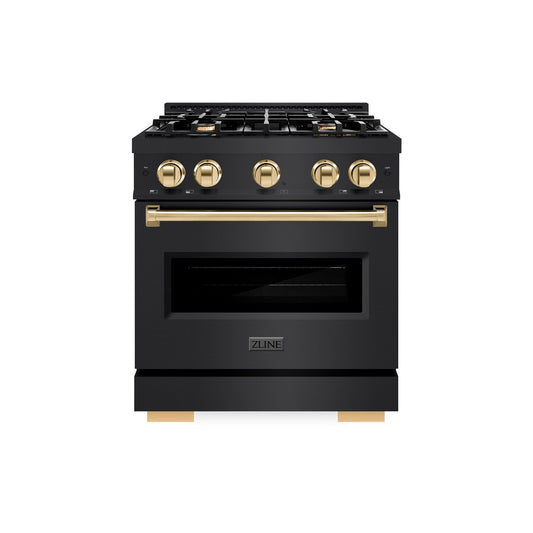 ZLINE Autograph Edition 30 in. 4.2 cu. ft. Classic Gas Range with 4 Burner Cooktop and Convection Gas Oven in Black Stainless Steel and Polished Gold Accents (CGRBZ-30-G) front, oven closed.