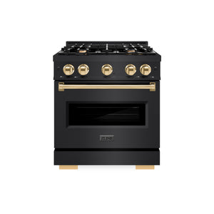 ZLINE Autograph Edition 30 in. 4.2 cu. ft. Classic Gas Range with 4 Burner Cooktop and Convection Gas Oven in Black Stainless Steel and Polished Gold Accents (CGRBZ-30-G) front.