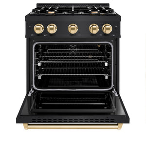 ZLINE Autograph Edition 30 in. 4.2 cu. ft. Classic Gas Range with 4 Burner Cooktop and Convection Gas Oven in Black Stainless Steel and Polished Gold Accents (CGRBZ-30-G) front, oven open.