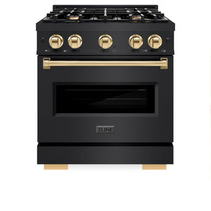 ZLINE Autograph Edition 30 in. 4.2 cu. ft. Classic Gas Range with 4 Burner Cooktop and Convection Gas Oven in Black Stainless Steel and Polished Gold Accents (CGRBZ-30-G) front, oven closed.