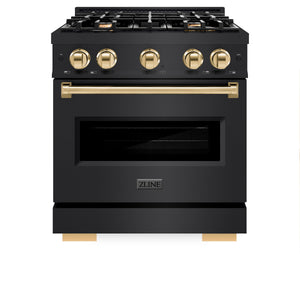 ZLINE Autograph Edition 30 in. 4.2 cu. ft. Classic Gas Range with 4 Burner Cooktop and Convection Gas Oven in Black Stainless Steel and Polished Gold Accents (CGRBZ-30-G)