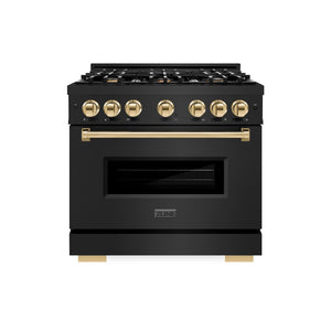ZLINE Autograph Edition 36 in. 5.2 cu. ft. Classic Gas Range with 6 Burner Cooktop and Convection Gas Oven in Black Stainless Steel and Polished Gold Accents (CGRBZ-36-G) front, oven closed.