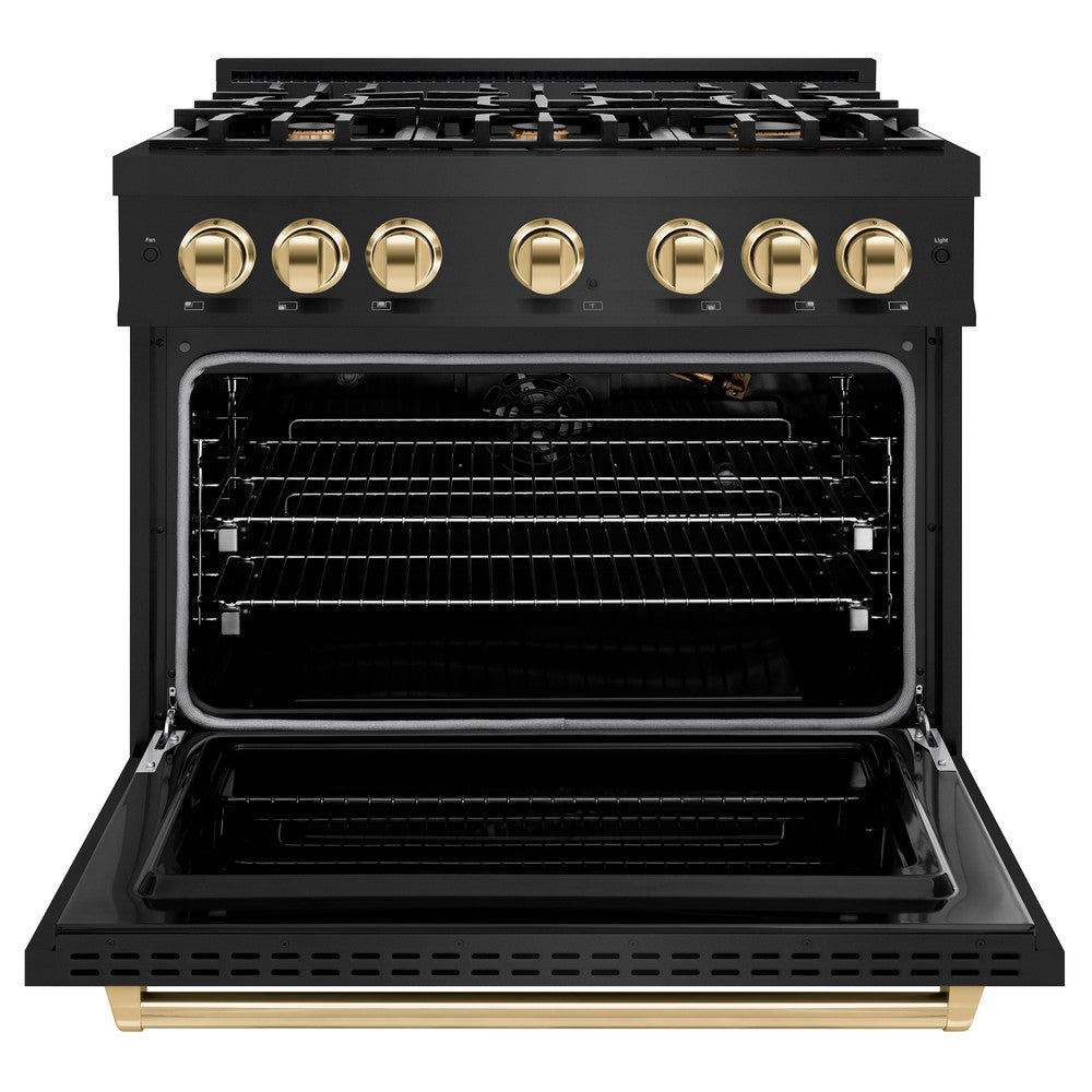 ZLINE Autograph Edition 36 in. 5.2 cu. ft. Classic Gas Range with 6 Burner Cooktop and Convection Gas Oven in Black Stainless Steel and Polished Gold Accents (CGRBZ-36-G) front, open.